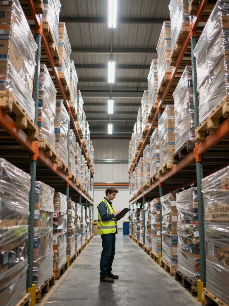 Elevated side-angle view inside a large warehouse, a worker in a high-visibility vest reviewing a clipboard at the end of a tall inventory rack aisle, fluorescent overhead lighting running the full depth of the facility, pallets stacked floor to ceiling on both sides, taken from waist height showing the operational depth of the space