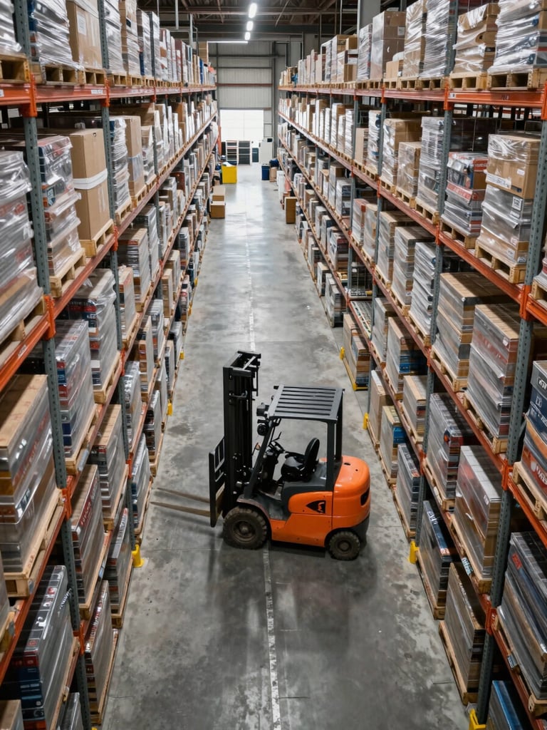 Elevated vantage point looking down a wide active warehouse aisle, rows of tall inventory racks receding into the distance, a forklift in motion mid-aisle under flat industrial fluorescent light, concrete floor with painted lane markings visible below