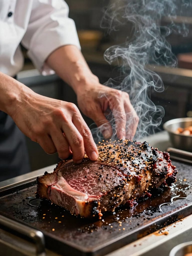 Close-up of a chef's hands pressing a seasoned brisket flat onto a hot iron grill, smoke rising under dramatic tungsten side light in a professional kitchen, energy and motion visible in the frame