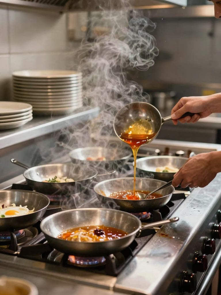 Wide kitchen action shot framed from the right side, chef hands ladling sauce into deep steel pans on a commercial range, warm tungsten light catching steam rising from the burners, stacked trays and hotel pans visible in background left, energy of full-service prep in motion