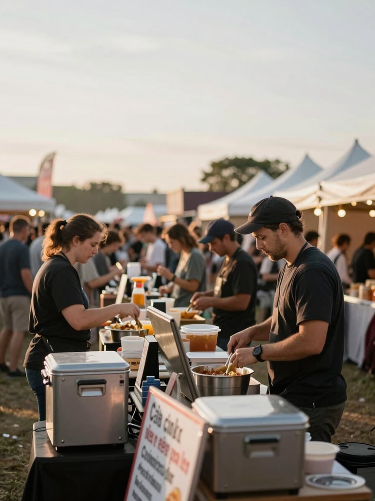 Wide environmental shot of a busy outdoor concession stand at a festival, warm late-afternoon light, staff moving with purpose behind a fully loaded food counter, crowd visible in soft focus beyond, street food equipment and signage in foreground