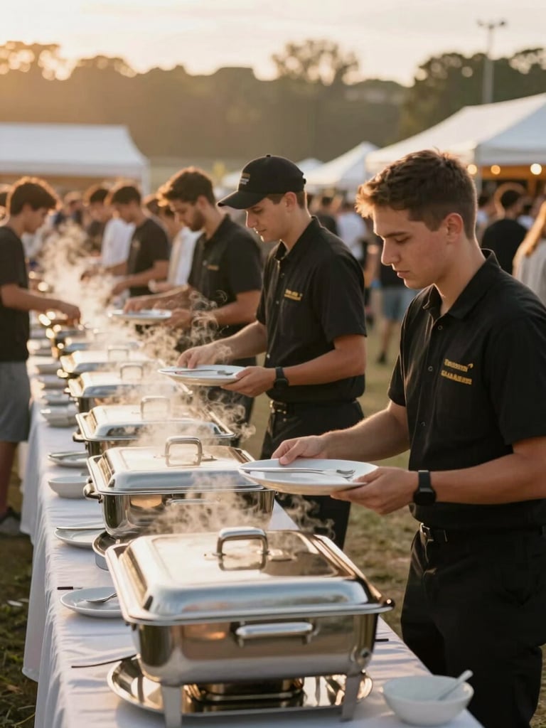 Wide festival service line in full motion, left-framed panoramic shot — catering staff in black uniforms moving platters across a long outdoor buffet table, warm tungsten light, crowd energy visible in the blurred background, golden hour glow on steam rising from chafing dishes