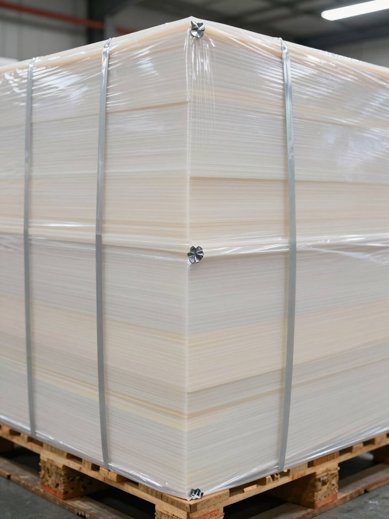 Close-up of a neatly strapped pallet of opaque PP sheets, wrapped in thick protective moisture-barrier film, steel edge protectors visible, bright industrial warehouse lighting.