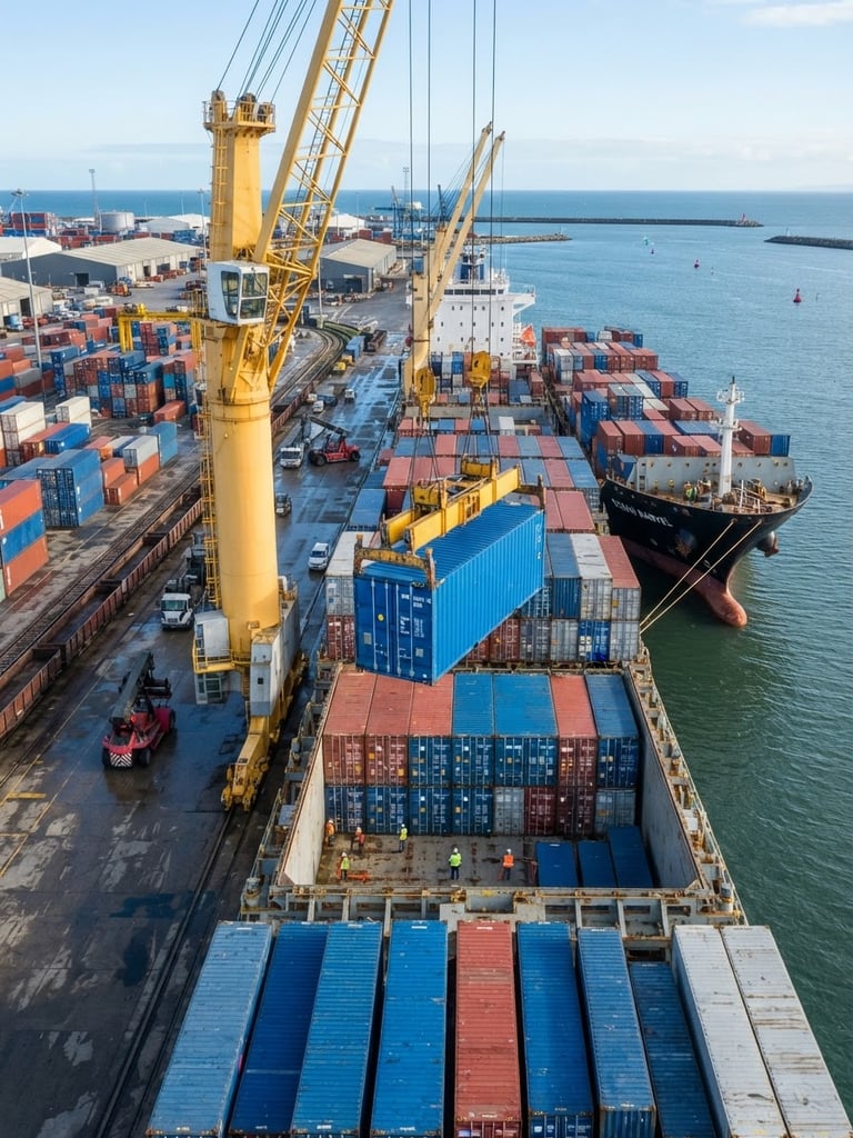 A high-angle shot of clean, blue shipping containers being loaded onto a cargo vessel at a bright industrial port, sharp focus, detailed textures, daylight.