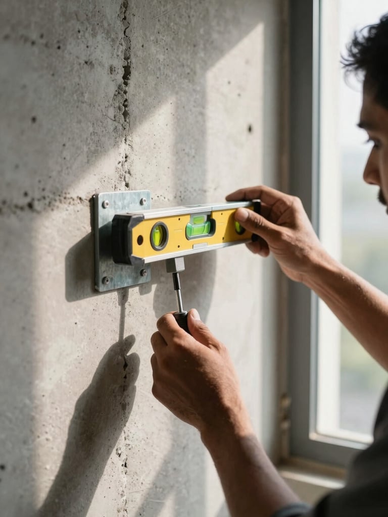 Close-up of technician's hands drilling a steel bracket into a concrete wall inside a Noida apartment, spirit level resting on the bracket, natural window light casting hard shadows, raw masonry visible around the fixings