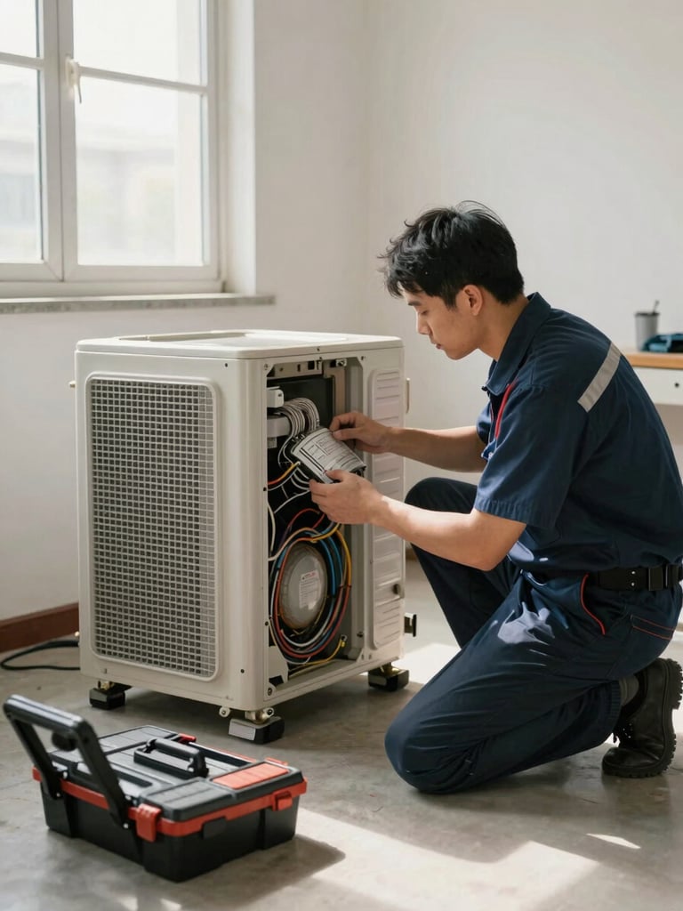 Wide shot of a technician kneeling beside an open split AC indoor unit in a residential room, natural window light illuminating the internal coil and wiring, a toolkit laid out on the floor nearby, documentary style