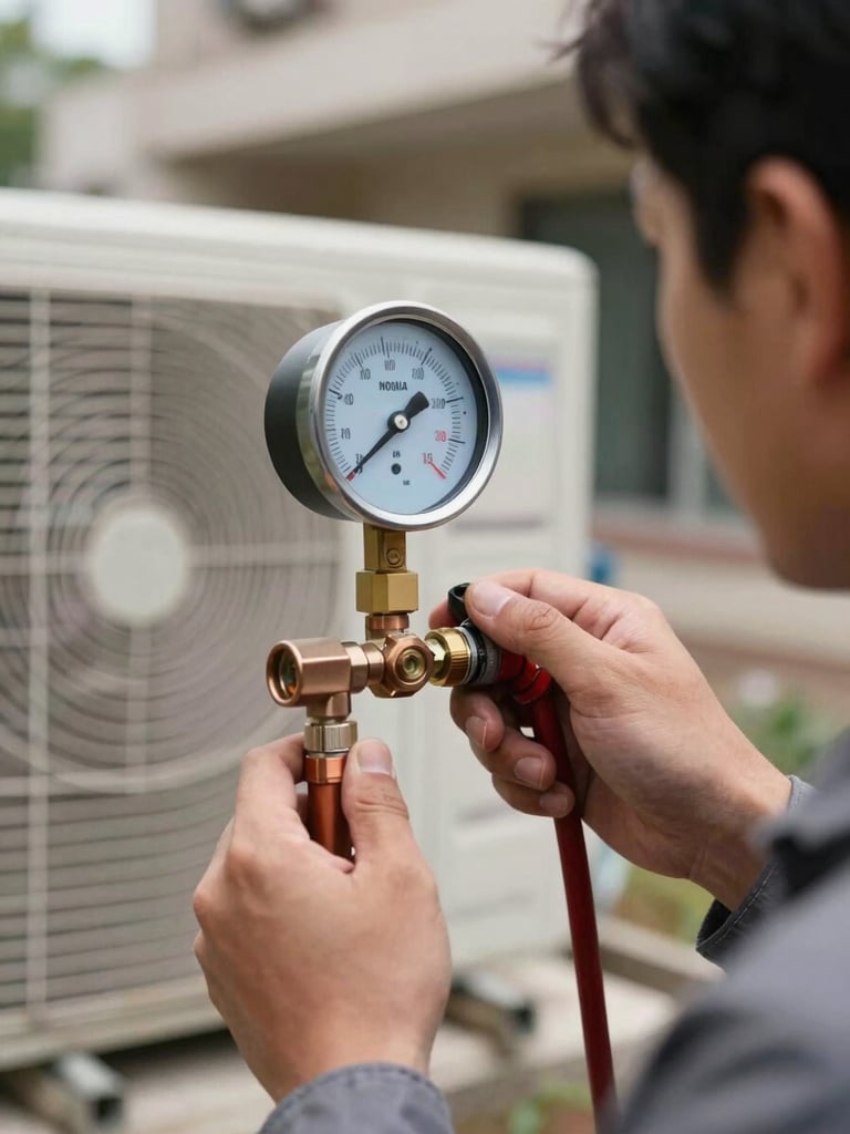 Technician reading a refrigerant pressure gauge attached to an outdoor AC unit during installation in Noida, meter dial in sharp focus, building exterior and natural daylight behind, copper service valves visible