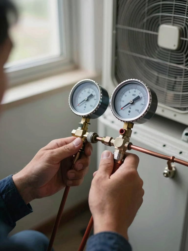 Close-up of a technician's hands using a pressure gauge on an AC unit's copper refrigerant line, natural daylight from a nearby window, tools and open AC panel visible in the background, documentary framing