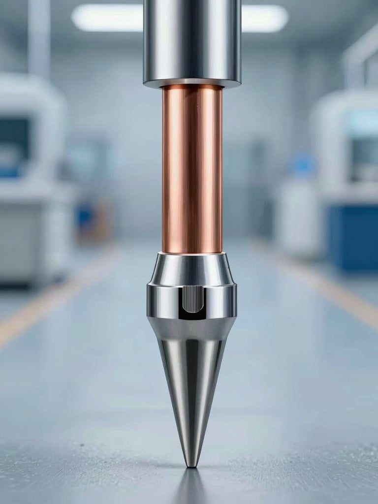 Technical cross-section schematic of a soldering tip showing the oxygen-free copper core, iron cladding, nickel barrier, and chrome plating layers. Crisp vector lines, high-contrast industrial aesthetic, 4:5 portrait aspect.