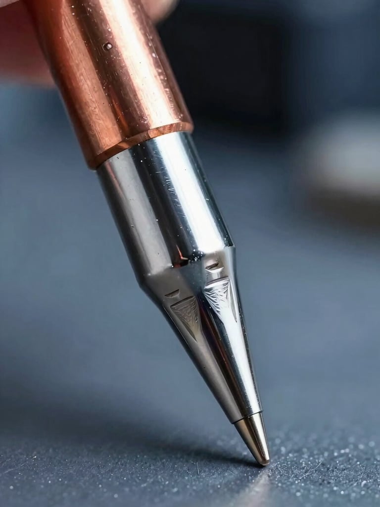 Extreme macro photograph of a pristine copper-core soldering tip point, cool metallic silver reflections with sharp copper-orange highlights, technical industrial studio lighting, dark background