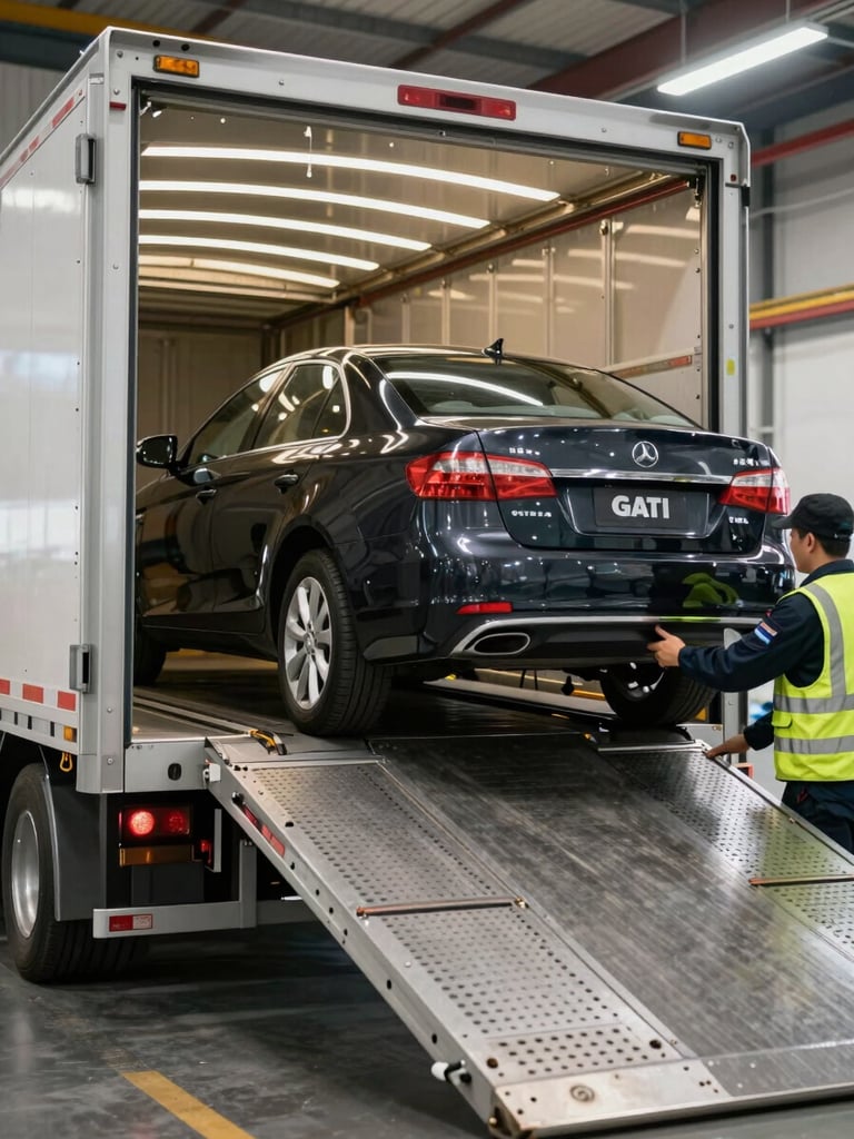Close-up wide shot of an enclosed car carrier trailer with its rear ramp lowered, a dark sedan being guided up by a uniformed GATI crew member in a high-visibility vest, warehouse bay lighting from above, sharp detail on the ramp mechanism and vehicle tyres, no people's faces visible — focus on the operational process