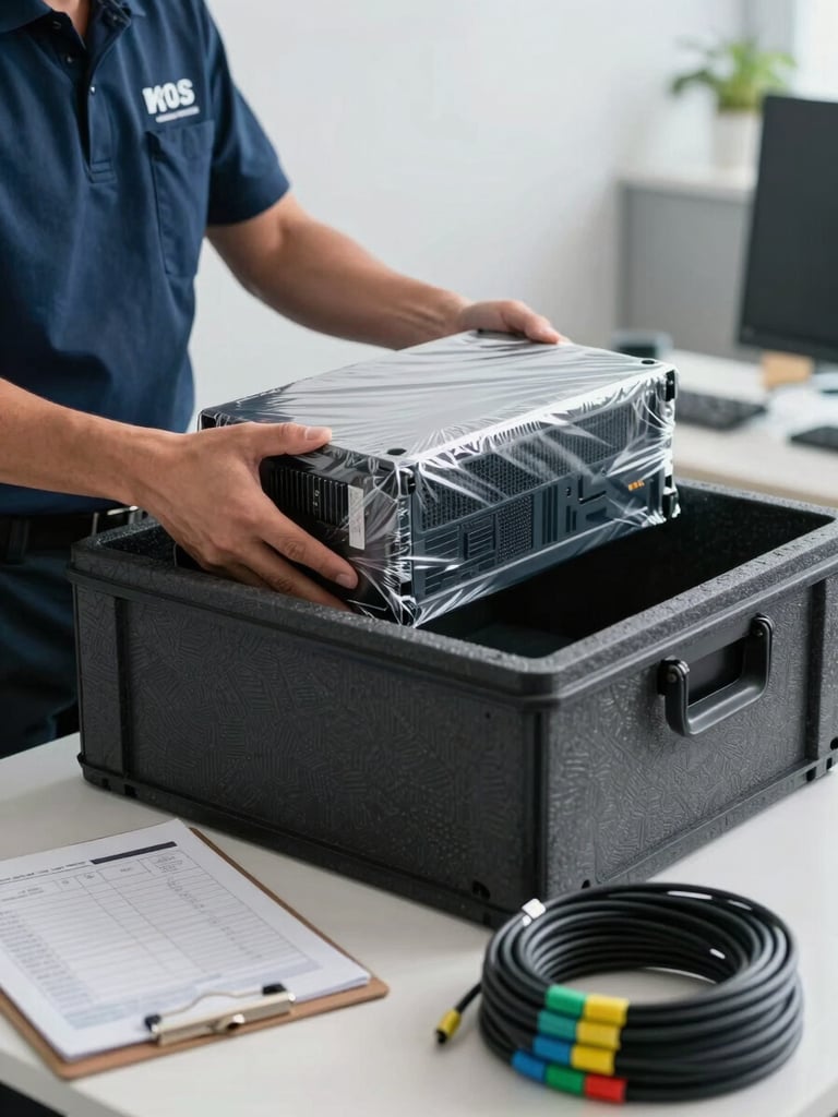 Close-up environmental shot inside a corporate office, a uniformed logistics technician carefully placing an anti-static wrapped server unit into a labeled foam-lined transit crate, bright clean site lighting, clipboard with inventory sheet visible on adjacent desk, cable bundles neatly labeled with color-coded tags in foreground