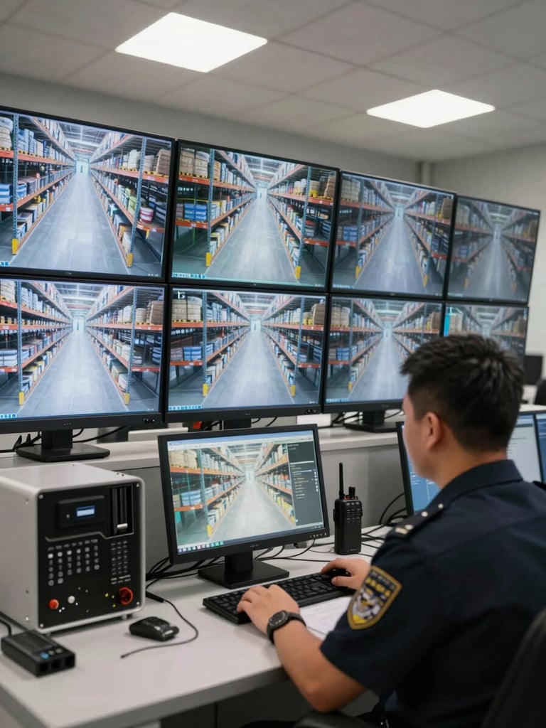 Close-up wide shot of a modern warehouse security monitoring station, multiple CCTV screens showing live feeds of warehouse aisles and entry points, a uniformed guard seated at the console reviewing footage, clean bright overhead lighting, equipment racks and radio handsets visible on the desk — purely operational, no posed elements