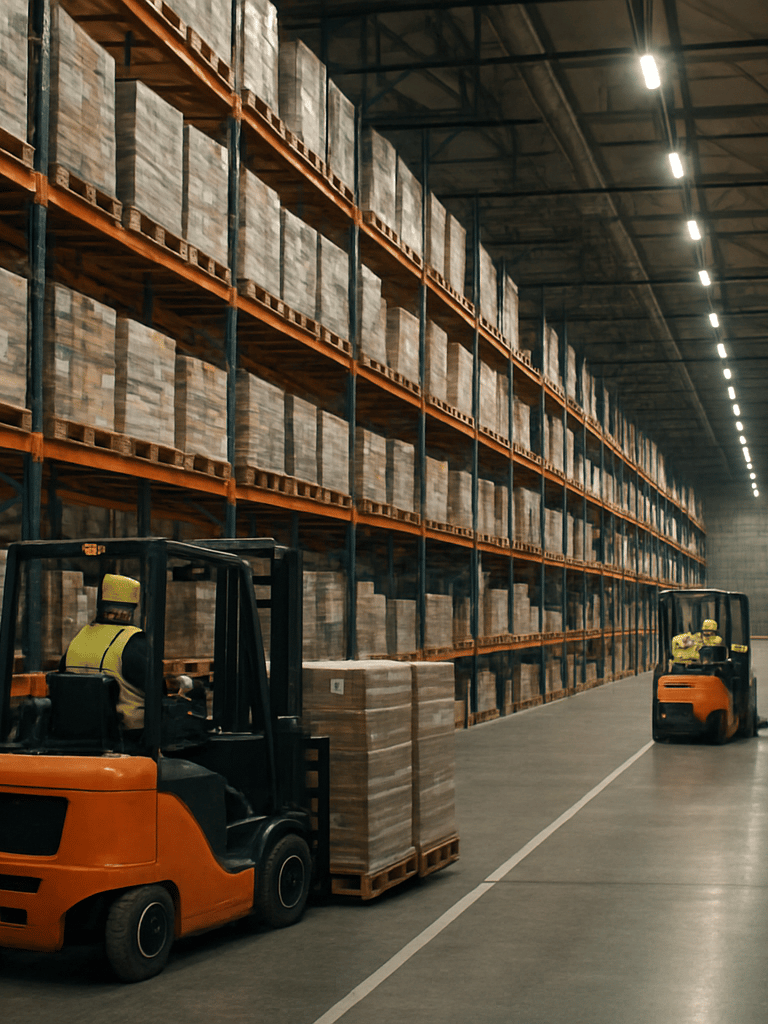 Wide interior of a large organized logistics warehouse, uniformed workers in high-vis vests moving palletized cargo on forklifts, overhead industrial lighting illuminating stacked shelving units extending deep into the frame, CCTV cameras visible in upper corners, clean concrete floor with painted lane markings, shot from a low wide angle to emphasize scale and operational order