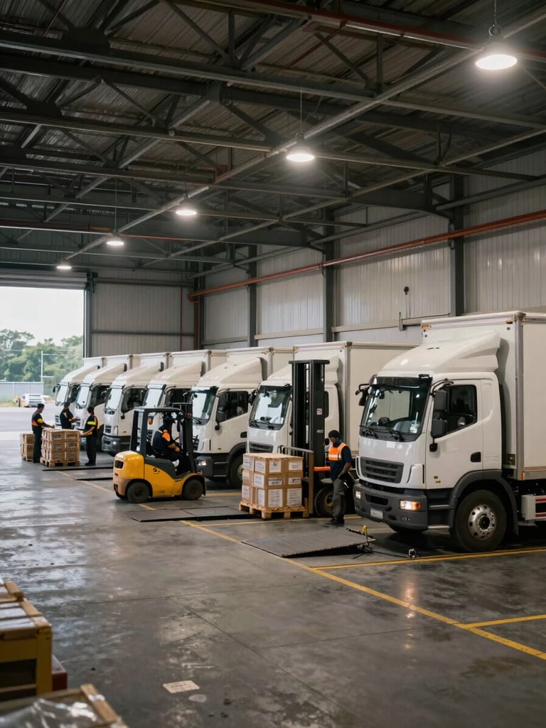 Wide panoramic shot of a large organized warehouse loading bay at dusk, a fleet of white cargo trucks lined up along the dock with rear ramps lowered, uniformed workers moving labeled pallets under bright overhead dock lights, forklift visible mid-frame, industrial ceiling trusses overhead, natural exterior light from open bay doors on the left