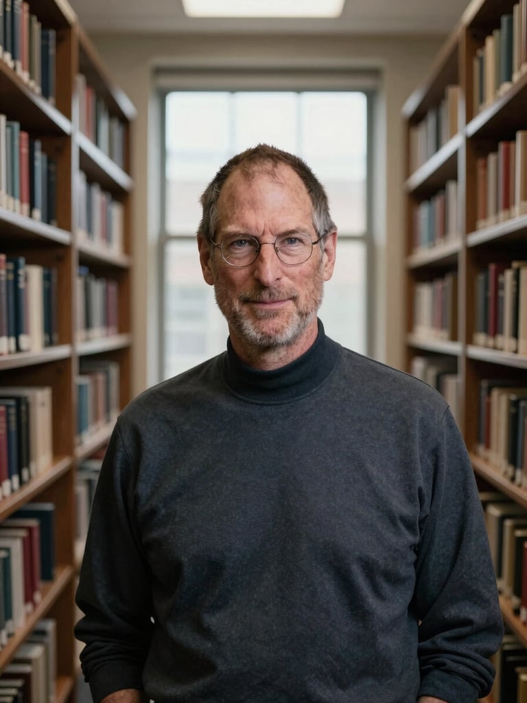 A candid medium-close portrait of Dr. Charles Jobs in his university office, surrounded by floor-to-ceiling bookshelves, soft natural window light, scholarly tones, 35mm editorial style.