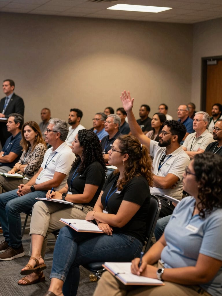 Wide environmental shot of a public neuroscience lecture in a Puerto Rico venue, audience members seated and engaged — some taking notes, one person raising a hand — warm practical stage lighting, presenter visible at the far left, genuine crowd concentration, no posed smiles