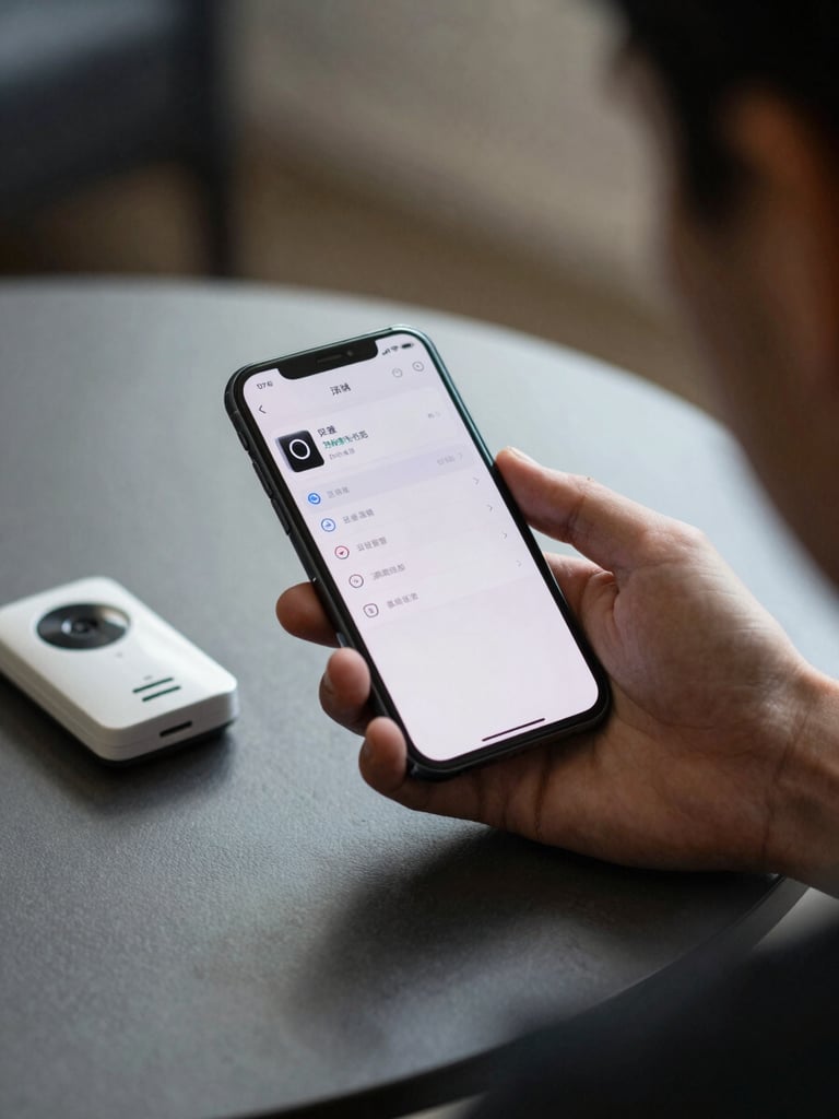 Person's hand holding a smartphone showing a doorbell camera app with settings menu visible, sitting at a table with the physical doorbell beside it, natural indoor light, focused on the screen and the device.