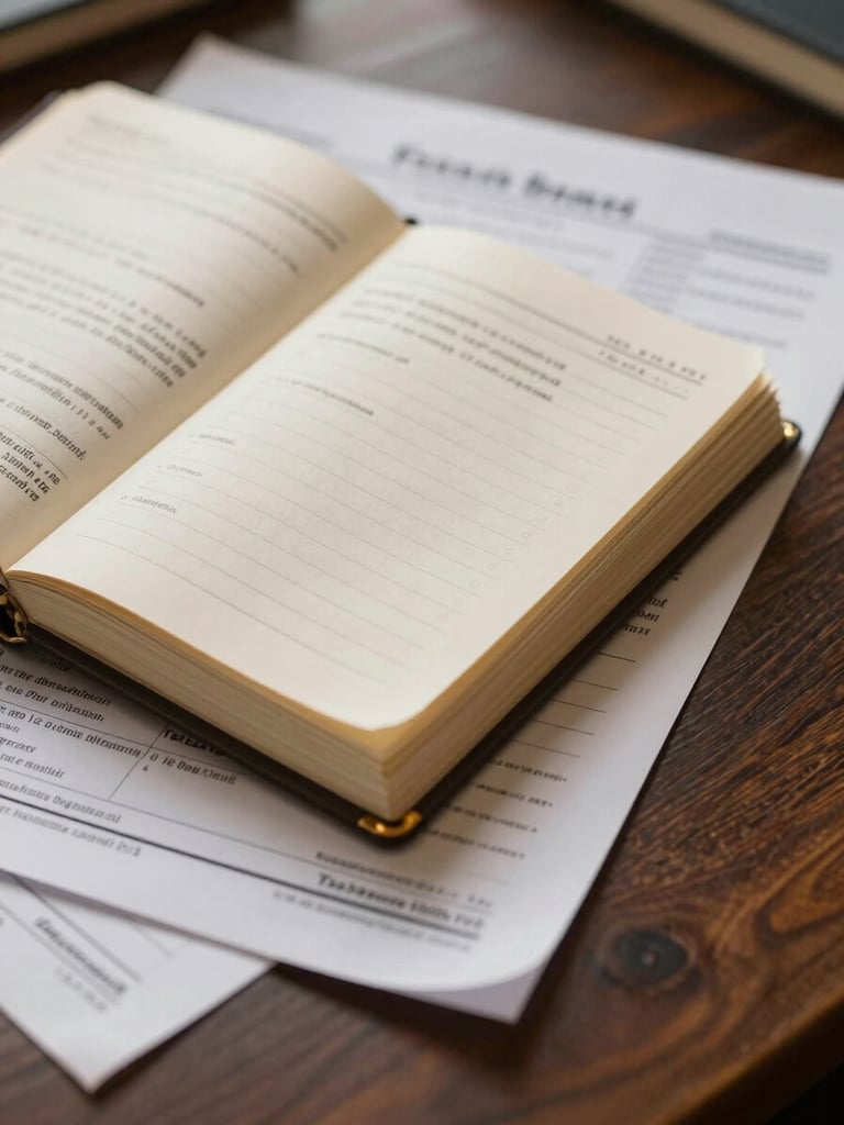Close-up of physical financial ledgers and tax documents on a dark wooden table, warm ambient indoor lighting highlighting golden accents, professional setting.