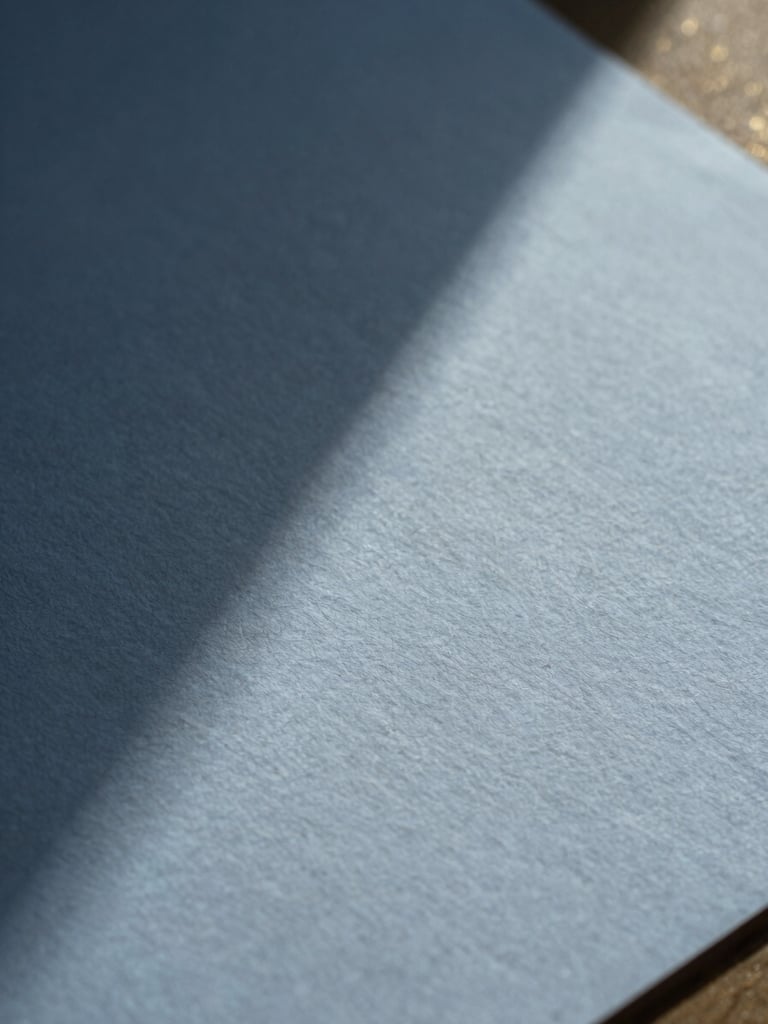 Macro close-up of heavy, textured handmade cotton paper casting a soft geometric shadow under crisp natural light, minimal composition