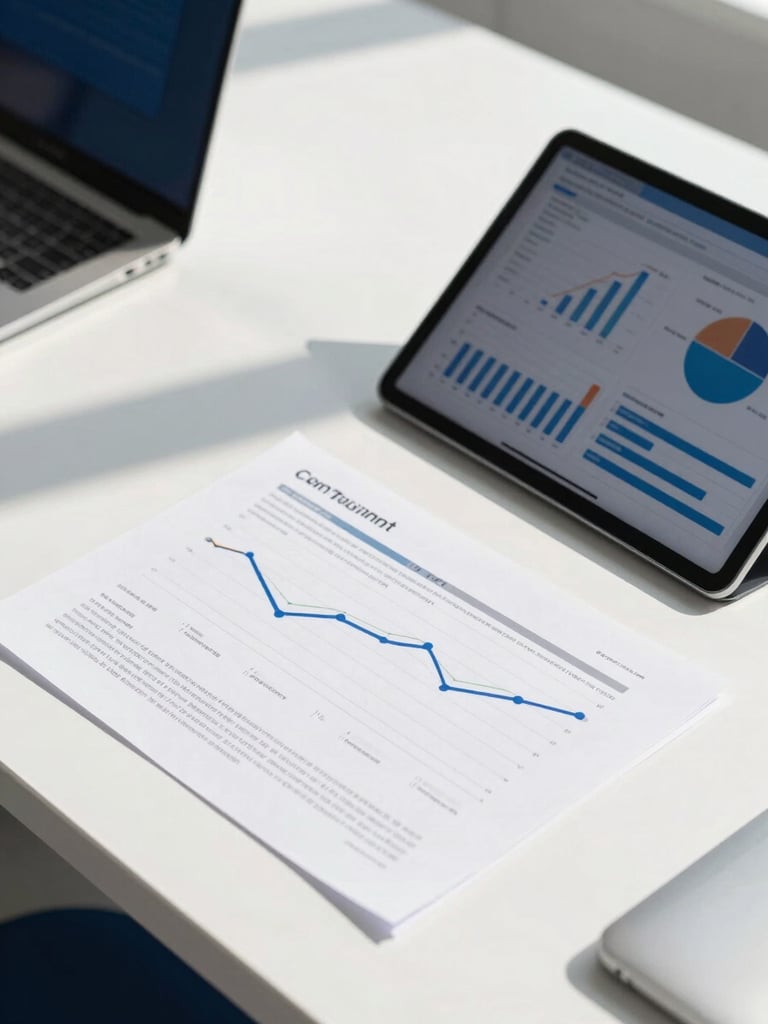 A clean modern office desk with a printed report, a digital tablet displaying charts, bright natural daylight, deep blue accents, professional 35mm photography