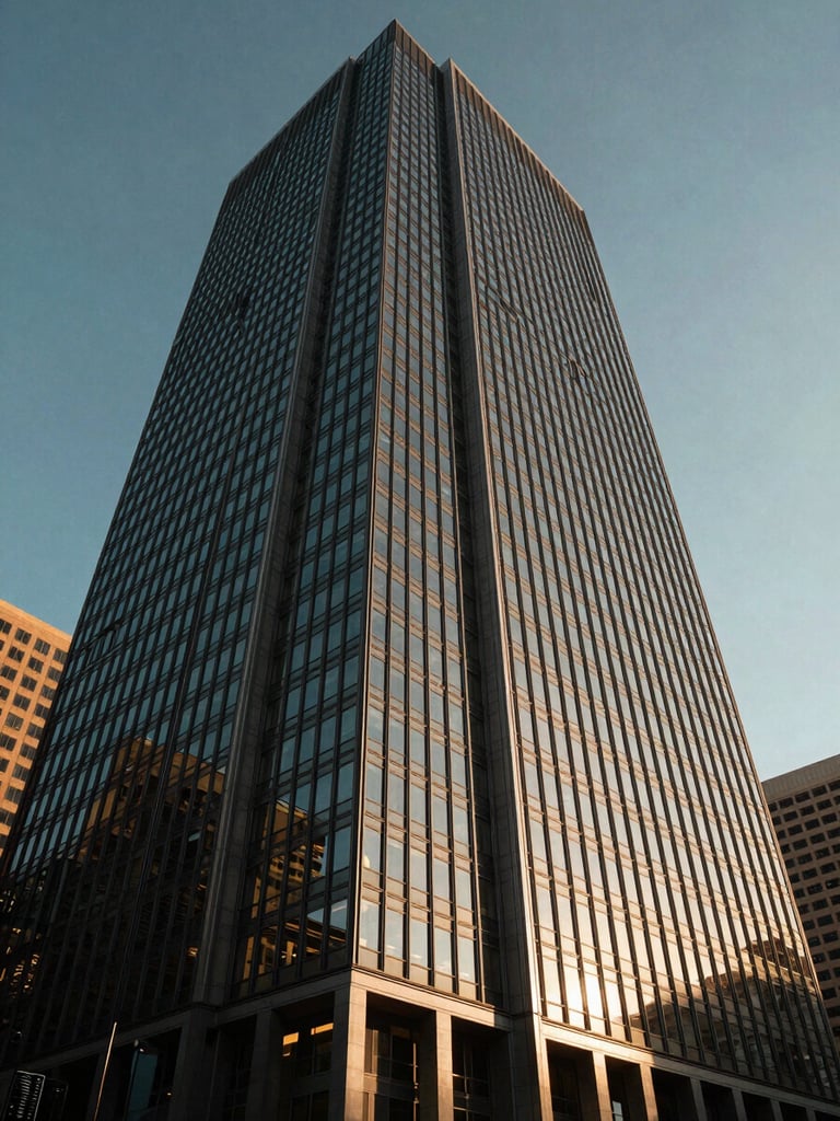 Wide-angle architectural perspective of a steel and glass skyscraper in Dallas at sunset, sharp low-sun angle cutting through the glass facade, deep shadows, dramatic contrast.