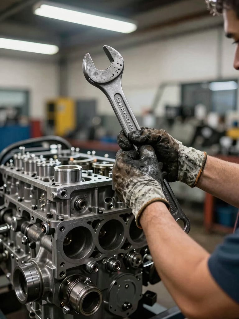 Close-up of a technician's hands working on a heavy diesel engine component at Ipanema Auto Center, grease-stained gloves gripping a large wrench, authentic workshop lighting from overhead fluorescents, engine block in sharp focus, blurred bay background with other heavy equipment visible