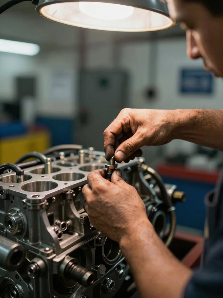 Close-up of a technician's grease-stained hands tightening a bolt on a diesel engine component inside an Ipanema service bay, harsh workshop overhead light illuminating the metal surfaces, shallow depth of field with the engine block sharp and the bay wall blurred behind