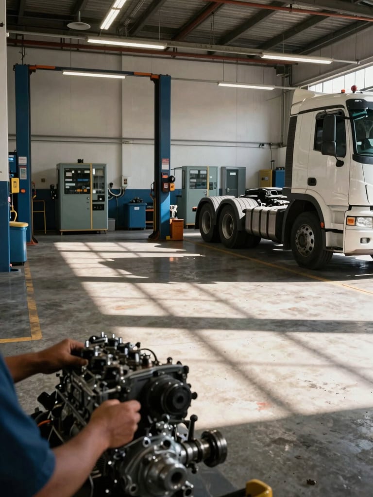 Wide panoramic view from inside a large diesel service bay at Ipanema, heavy truck partially visible on the right third, workshop lighting casting hard parallel shadows across the concrete floor, technician hands visible adjusting an engine component in the near foreground, industrial equipment lining the background walls, authentic working environment, no staging