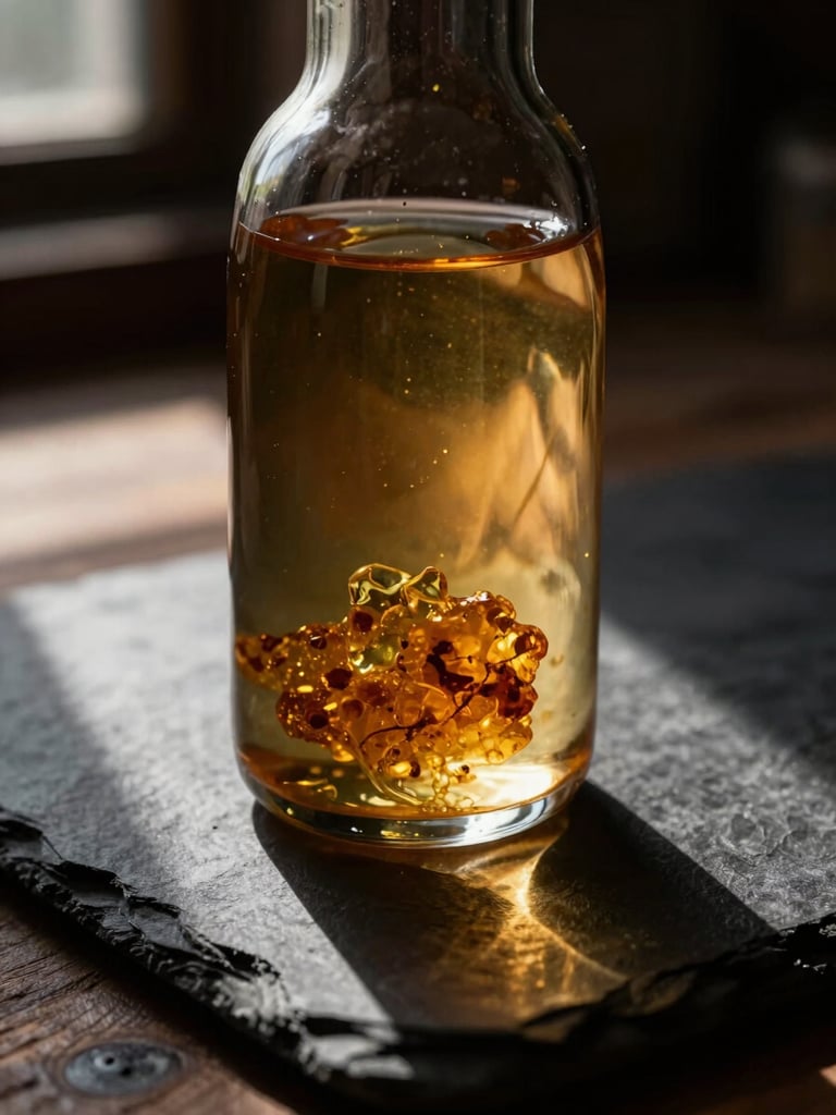 A detailed close-up of natural golden oils and raw amber resin blending inside a dark glass vessel, warm workshop window light casting long shadows across a textured slate surface.