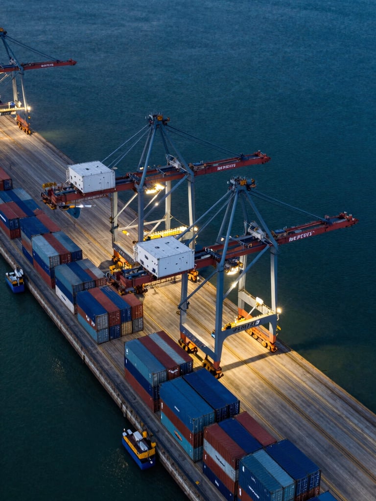 An aerial drone view of Port Klang container terminal at dusk, towering gantry cranes, stacked blue shipping containers, deep blue water, clean high-contrast composition.