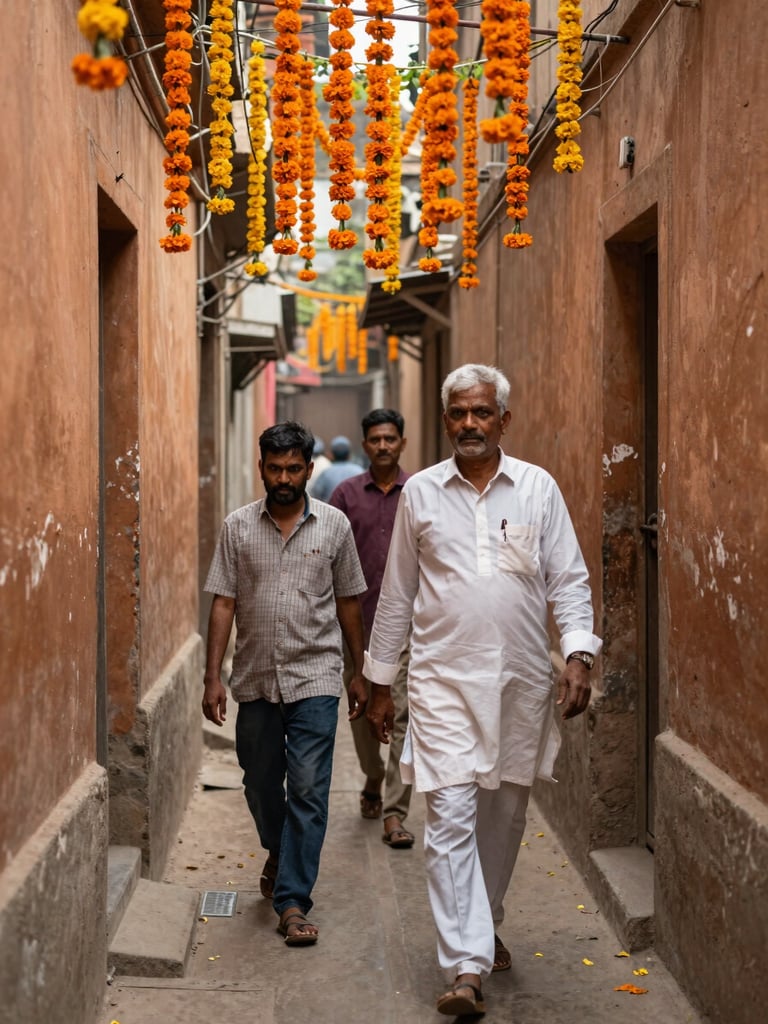 Documentary-style shot inside a narrow Varanasi street, a local guide walking ahead of two visitors through a lane flanked by old ochre walls and hanging marigolds, natural diffused daylight, environmental depth