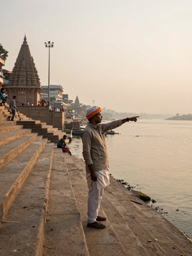 Wide-angle view from a Varanasi ghat at golden hour, a local guide standing at the river's edge pointing across the Ganga toward the distant temple skyline, warm diffused light on worn stone steps, a few pilgrims descending in soft focus behind him, natural documentary framing