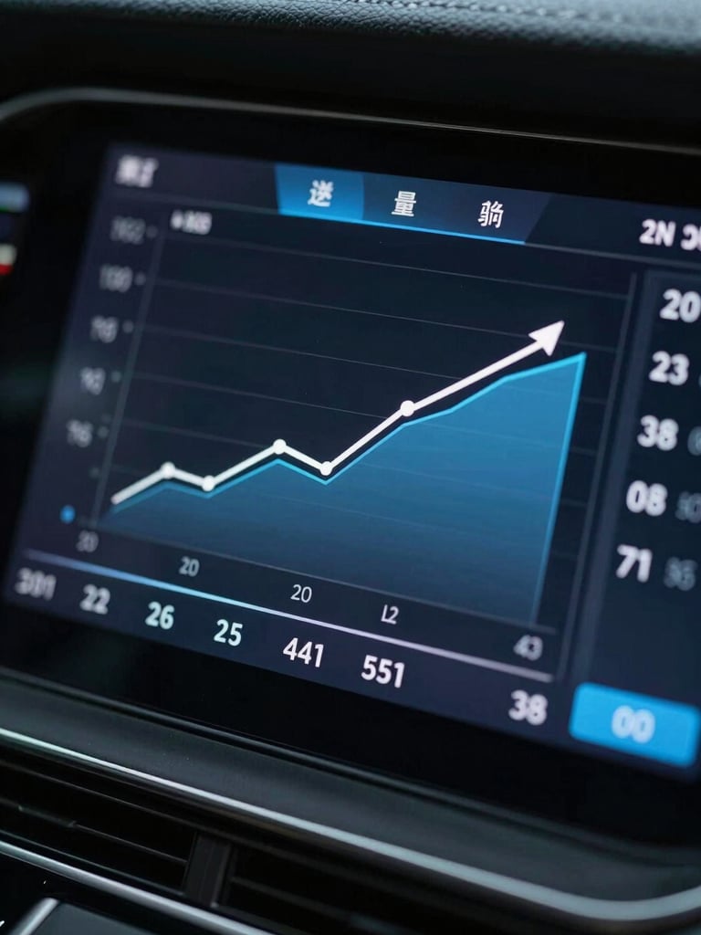 A close-up of a modern performance dashboard showing clean upward conversion charts, dark mode UI, cool blue accents, sharp focus
