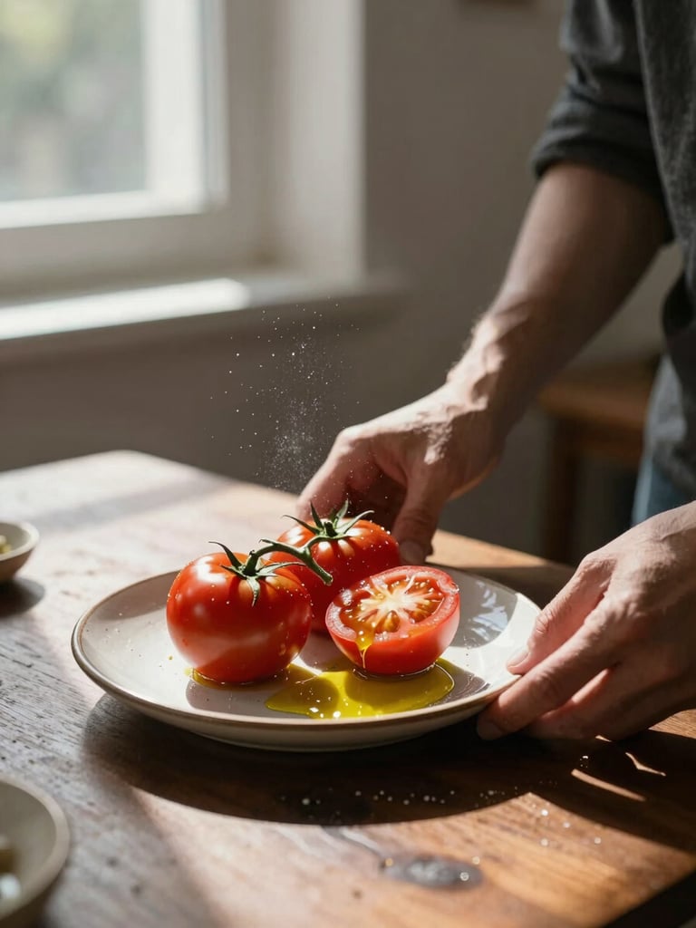 Close-up portrait framing, natural side light from a window casting soft shadows on a dark wooden table. Hands of a designer adjusting the lighting angle over a ceramic plate with fresh heirloom tomatoes and artisanal olive oil, flour dust visible in the air.