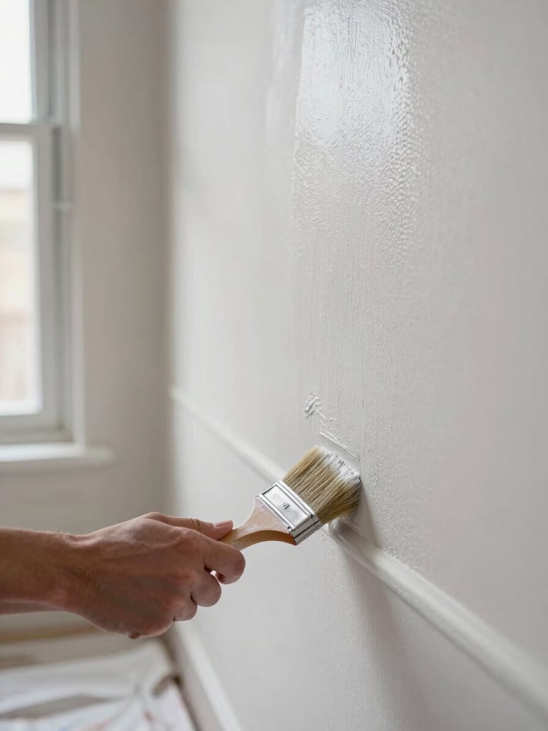 Close-up wide shot of a painter applying a clean, even coat to an interior wall, brush in hand at the baseboard trim edge, natural window light from the left casting soft shadows, crisp paint line where wall meets trim, drop cloth on the floor below