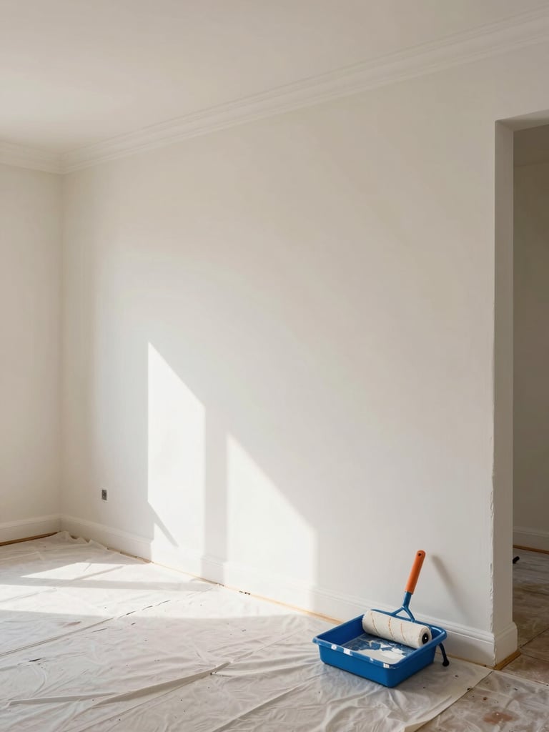 Wide environmental shot of a freshly painted living room interior under bright natural daylight, smooth warm-white walls with crisp trim edges visible, empty of furniture, floors protected with canvas drop cloths, painted roller and tray resting against the baseboard in the foreground right