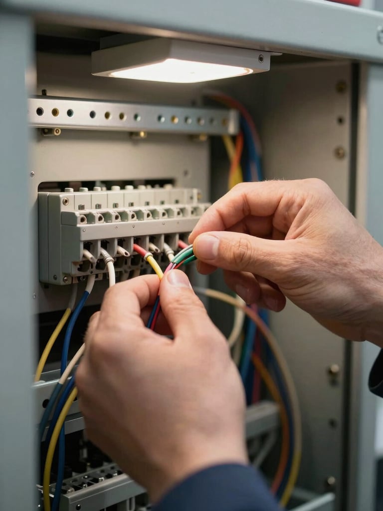 Extreme close-up of a technician's hands routing and terminating wires inside an open control panel enclosure, ring-type terminals visible, overhead shop light casting sharp shadows across the wire bundle, steel DIN rail in background