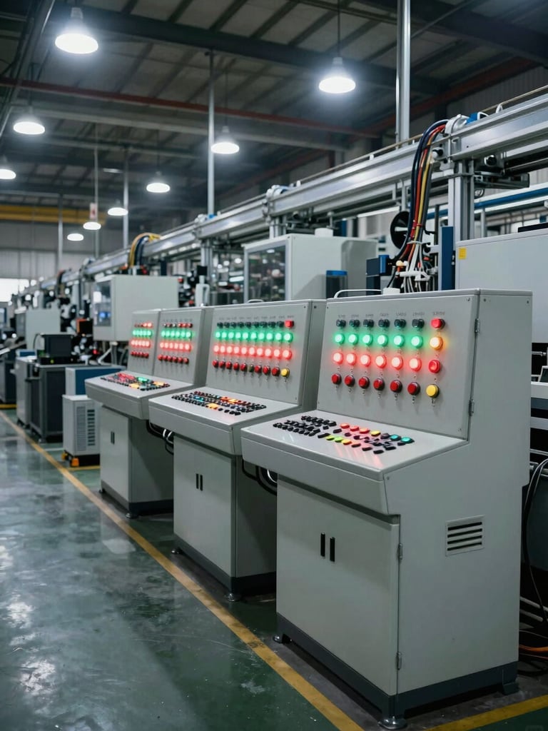 Wide environmental shot inside an active manufacturing facility, a large floor-mounted control panel in situ beside production machinery, indicator lights glowing in rows, cable trays overhead, overhead sodium-vapor shop lighting, no people, high contrast documentary framing