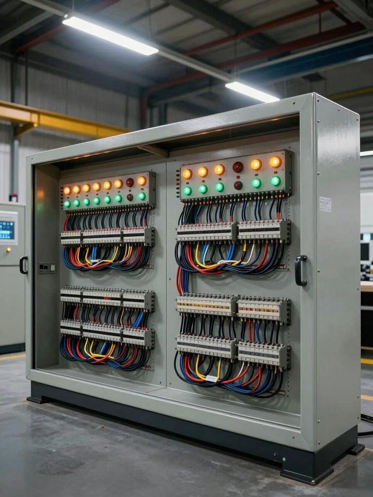 Wide shot from floor level inside an industrial facility, a large custom control panel open and fully wired, rows of terminals and cable looms under overhead shop fluorescents, indicator lights glowing amber and green, no people visible, high contrast documentary