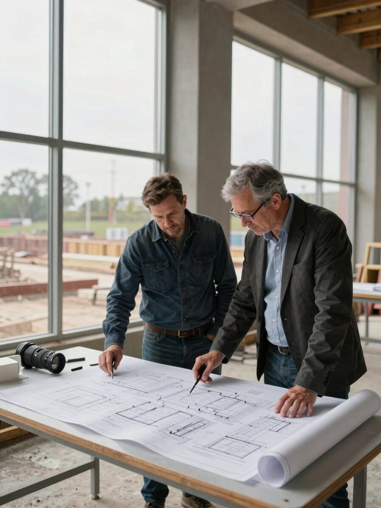 Wide environmental shot of two professionals standing at a site table reviewing large-format drawings on an active commercial construction floor, natural overcast light from high windows, structural framing visible behind them, no posed smiling, documentary framing