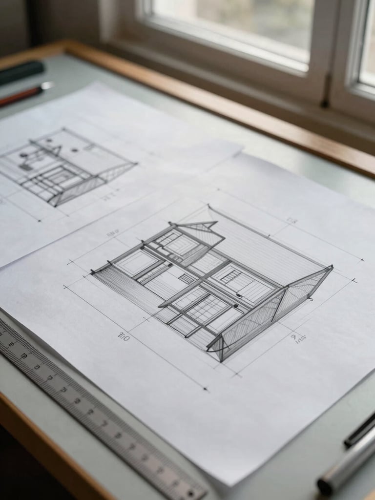 Close-up of architectural drawing sheets pinned to a drafting table, natural north-facing window light raking across pencil lines and dimension annotations, a scale rule resting at the lower edge