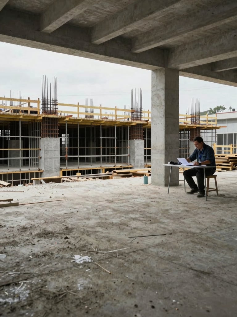 Wide shot of an active commercial construction floor, concrete formwork and exposed rebar in the mid-ground, a site manager reviewing documents at a temporary table under overcast daylight through open floor openings, no people posing