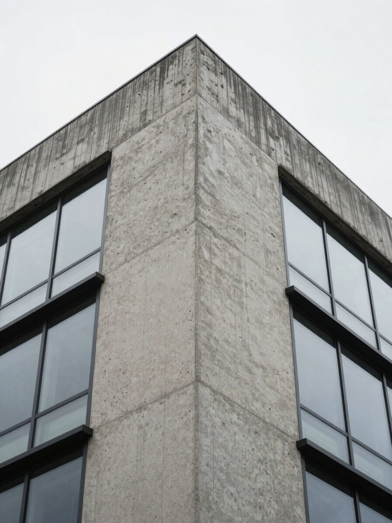 Close-up of a concrete column junction and glass curtain wall meeting at a precise material transition, shot in flat overcast daylight from a low angle, emphasising the exactness of the joint, no people, no staging