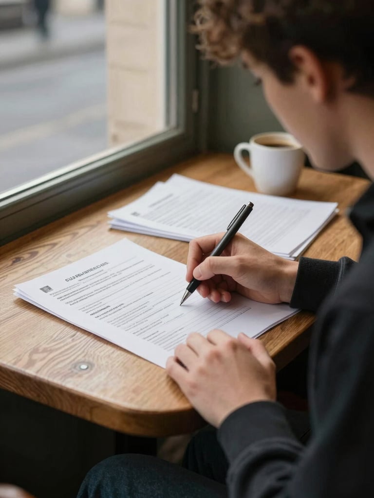 Student sitting at a wooden café table in Paris, annotating a printed French administrative form with a pen, warm afternoon window light, papers and a coffee cup in the background, editorial close-environmental framing