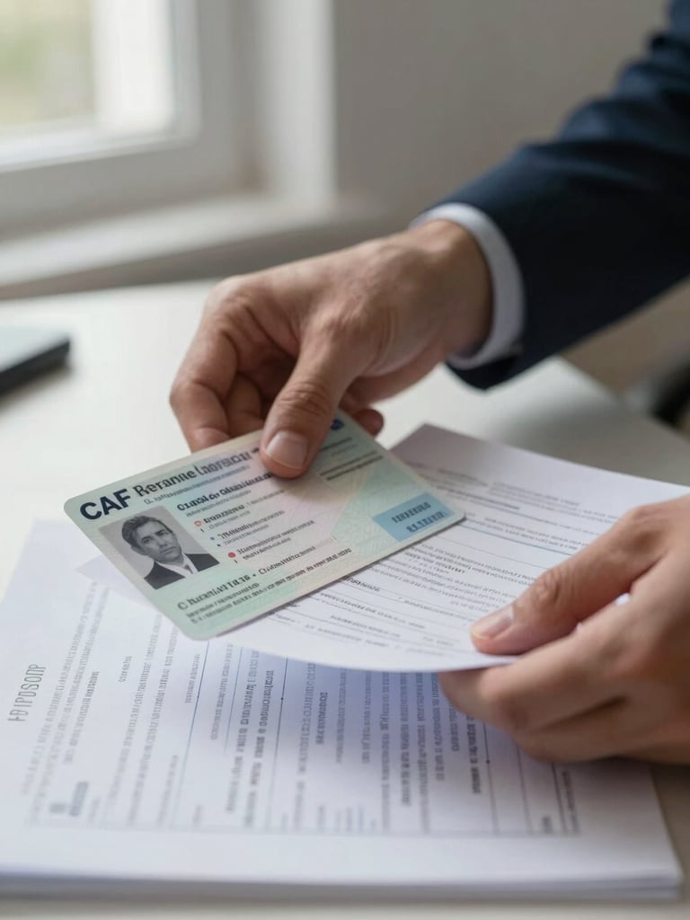 Close-up of hands sorting official French administrative documents on a desk, residence permit and CAF form visible, soft natural window light from the left, shallow depth of field