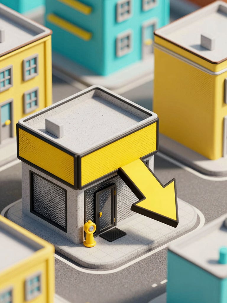 Isometric 3D miniature town in a pop-art comic style, showing a tiny storefront with a massive yellow arrow pointing traffic directly to its door, bold black ink outlines, halftone dot shading, cyan and yellow palette