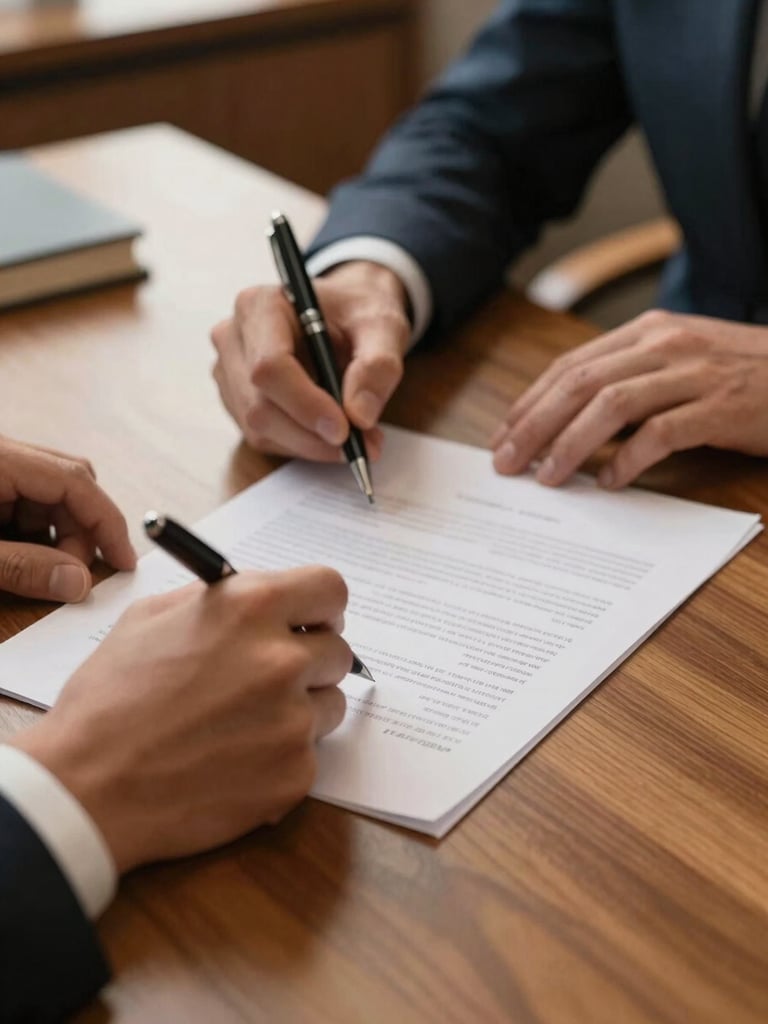 Close-up of hands signing a legal document on a polished wooden desk, a second person across the table in soft focus, warm tungsten office light from above, pen resting between fingers, paper edges visible, professional environment