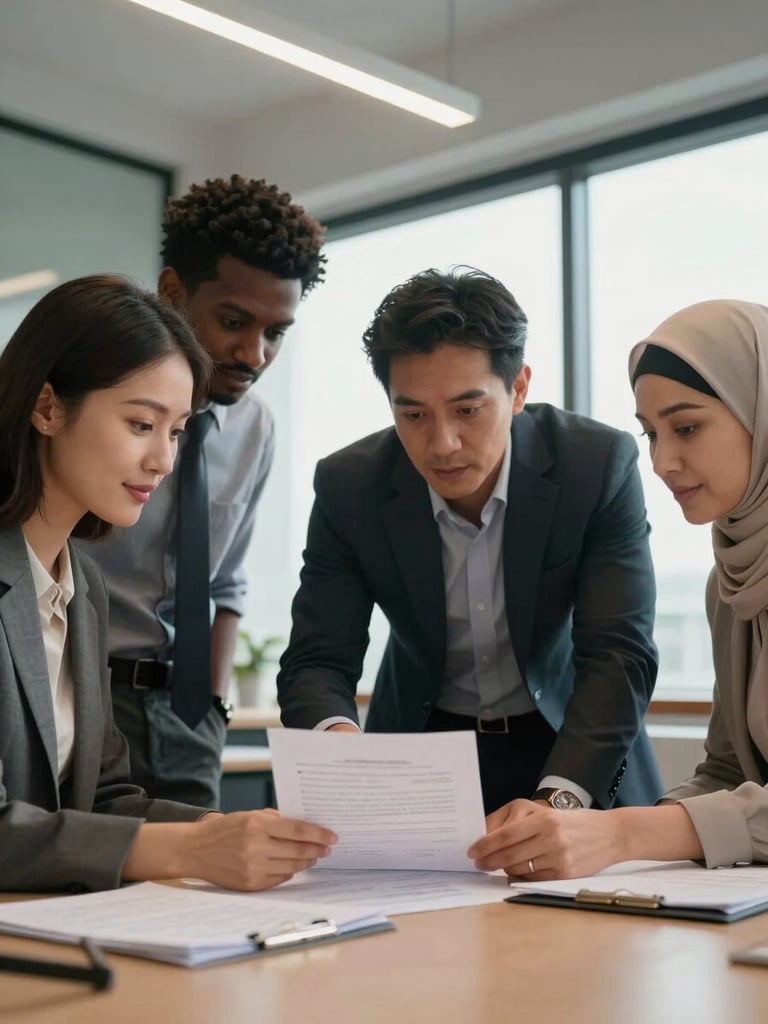 Close-up medium shot of a diverse group of three professionals in a modern office — an Asian woman, a Hispanic man, and a Middle Eastern woman gathered around a document on a conference table under warm tungsten overhead light, natural daylight visible through a window, papers and folders organized on the table, focused working expressions, no posed smiles