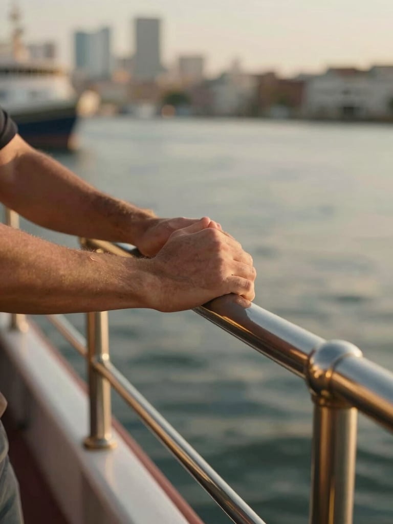 Close detail of a traveler's hands resting on a ship's polished brass railing, a port city visible softly out of focus in the background, warm afternoon light, no face visible — hands and horizon only